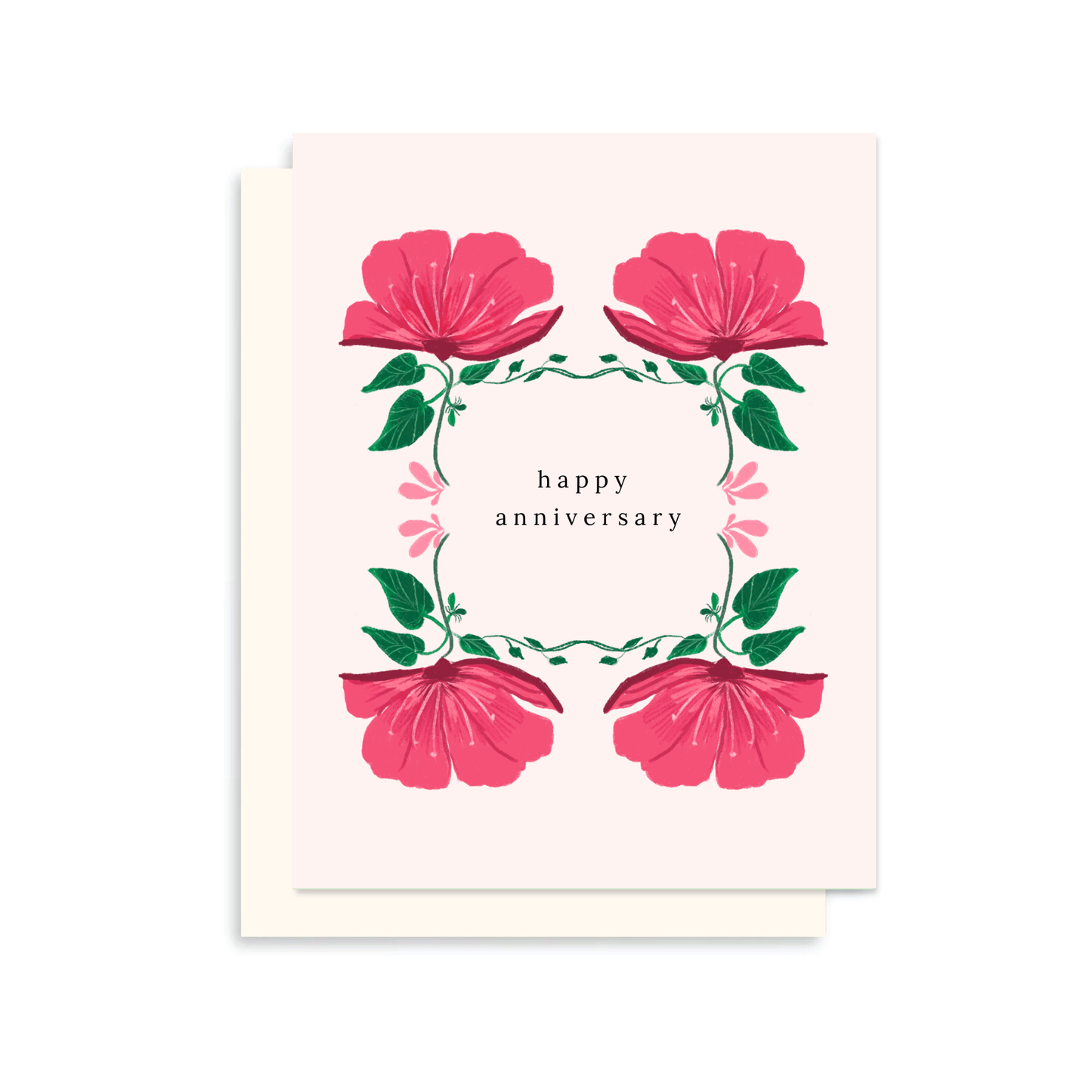 Elegant anniversary greeting card featuring pink floral illustrations arranged in a decorative botanical frame with the message "Happy Anniversary."