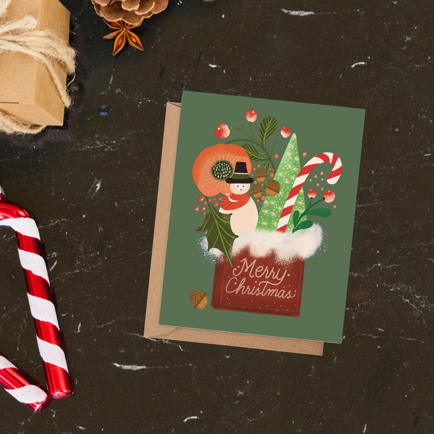 Merry Christmas Card | Cute Snowman & Woodland Holiday Greeting Card