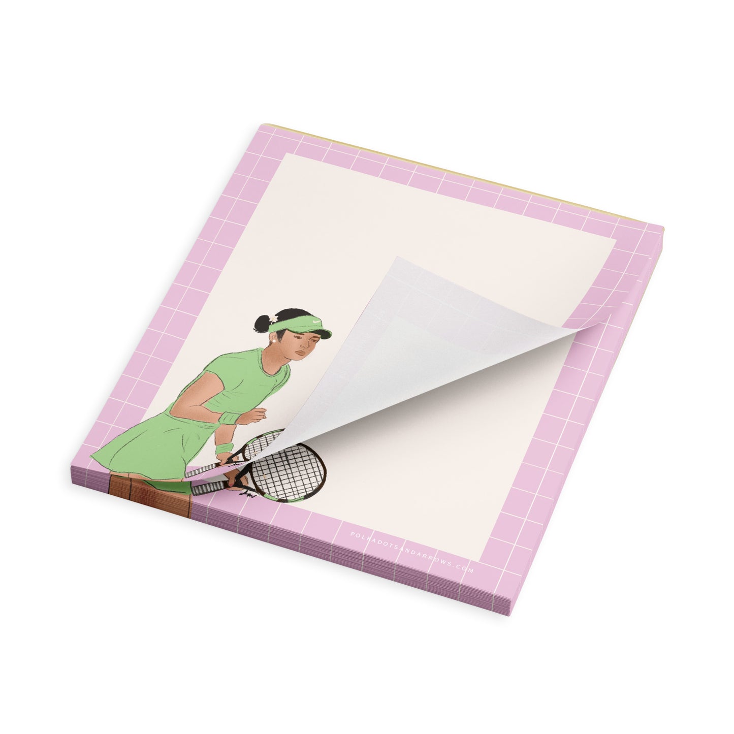 A square notepad with a pink grid border and an illustration of a tennis player on the cover, shown on a clean white background with one corner peeled back to reveal the white writing surface. Alex Eala 