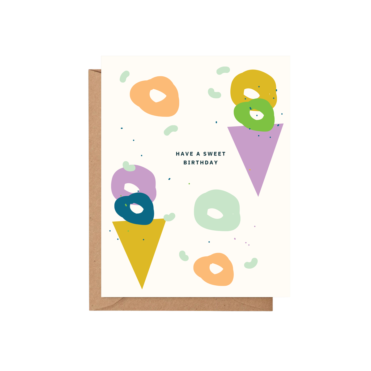 A birthday greeting card with a kraft envelope, featuring a whimsical illustration of ice cream cones and donuts in pastel colors with the text 'HAVE A SWEET BIRTHDAY'.