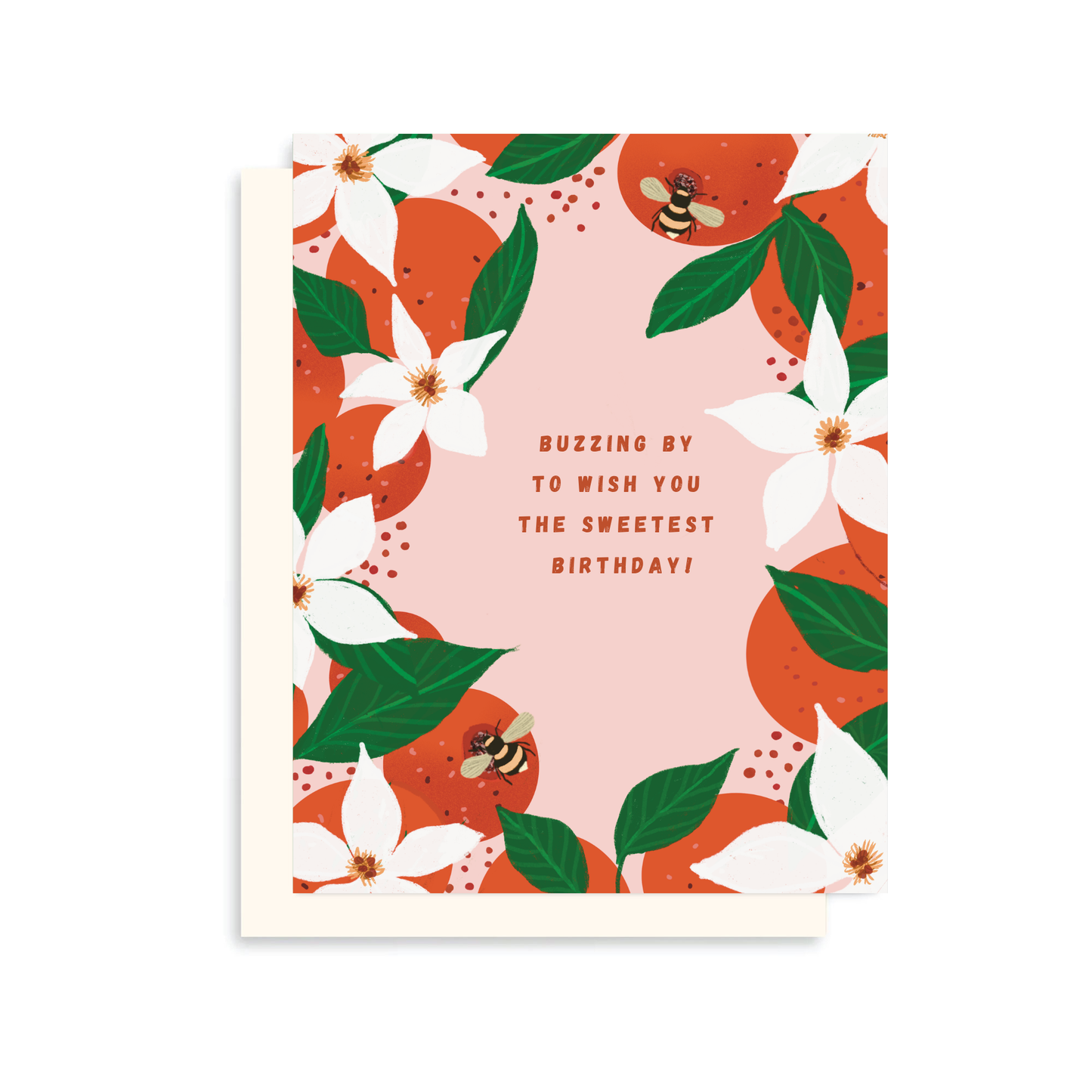 This floral citrus birthday card combines sweet orange blossoms, lush green leaves, and playful bees to create a joyful design that's sure to brighten anyone's birthday.