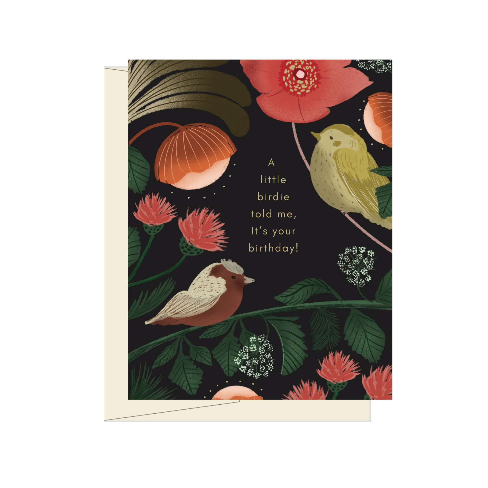 Whimsical birds greeting card featuring charming bird illustrations in a magical forest setting with cozy woodland-inspired details.