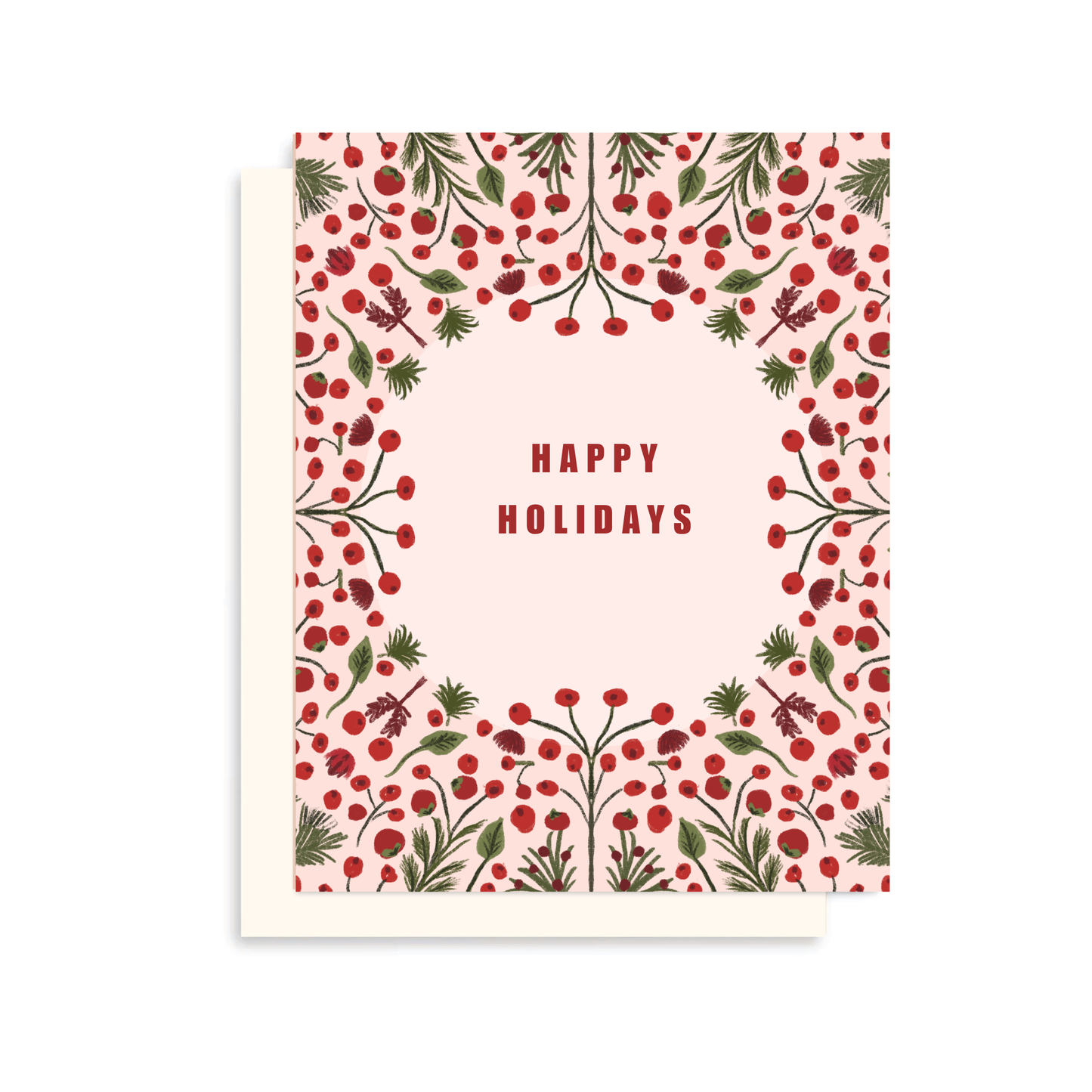 A square holiday greeting card with a floral border of red berries and green leaves around the edges, with the words “HAPPY HOLIDAYS” printed in red in the center. A second card is partially visible behind it on a clean white background.