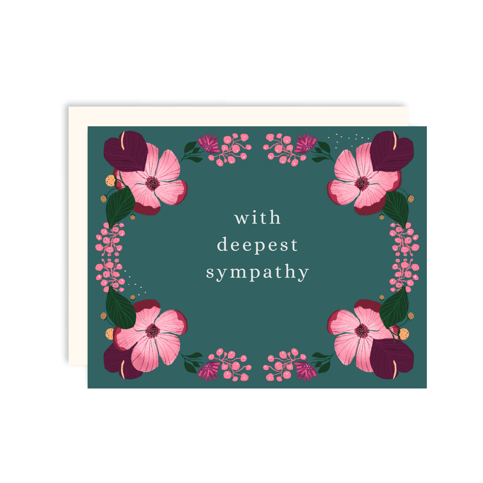 Elegant floral sympathy greeting card featuring pink flowers and botanical illustrations surrounding the words "With Deepest Sympathy" on a teal background.
